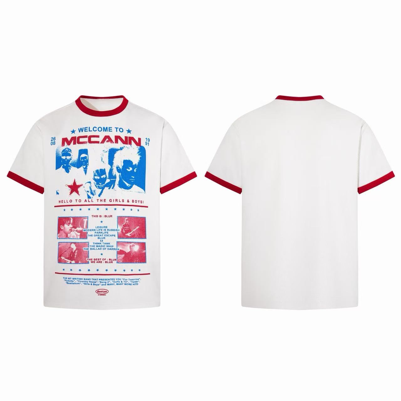 White vintage band graphic ringer t-shirt with red contrast collar and cuffs, featuring retro blue and red McCann print on th
