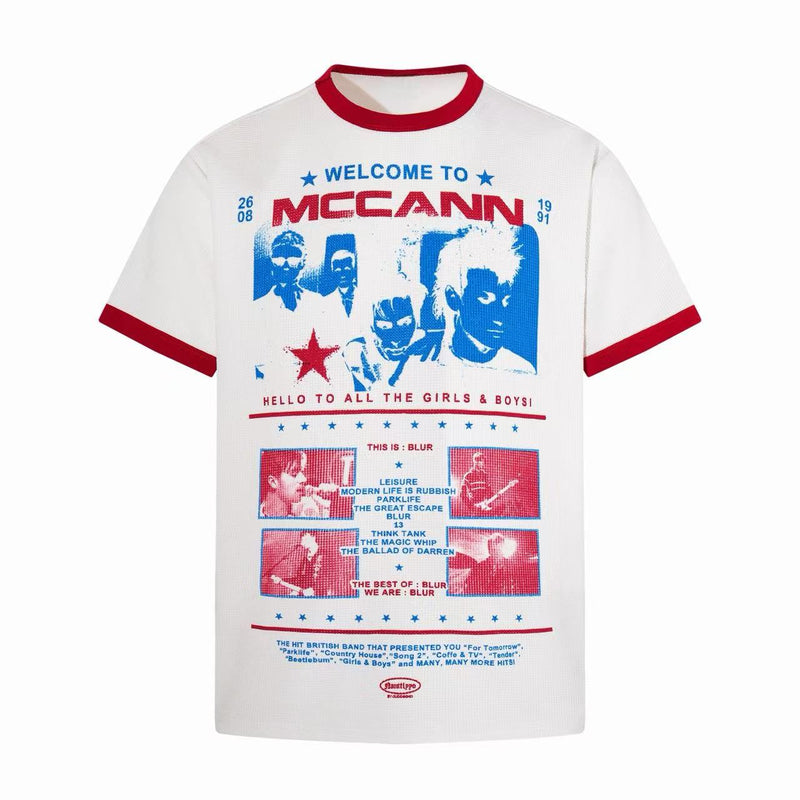 White ringer T-shirt with red trim and vintage McCann band graphic print on the front
