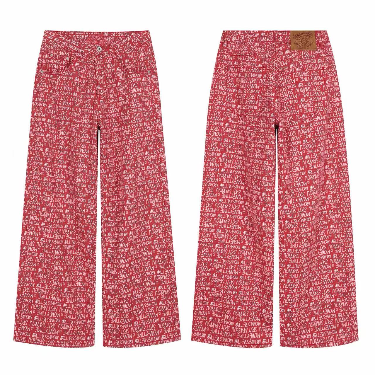 Red wide-leg pants with all-over white handwritten script print, shown front and back on white background