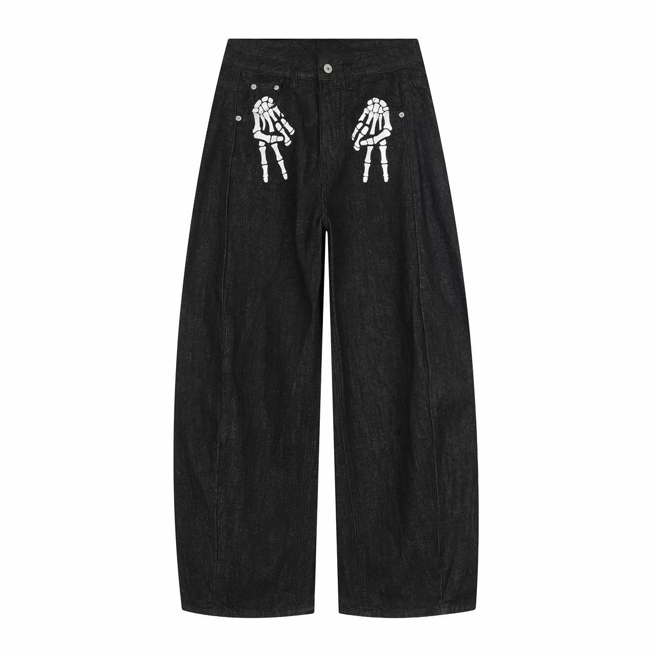 Skeleton Graphic Wide-Leg Black Denim Pants | Streetwear