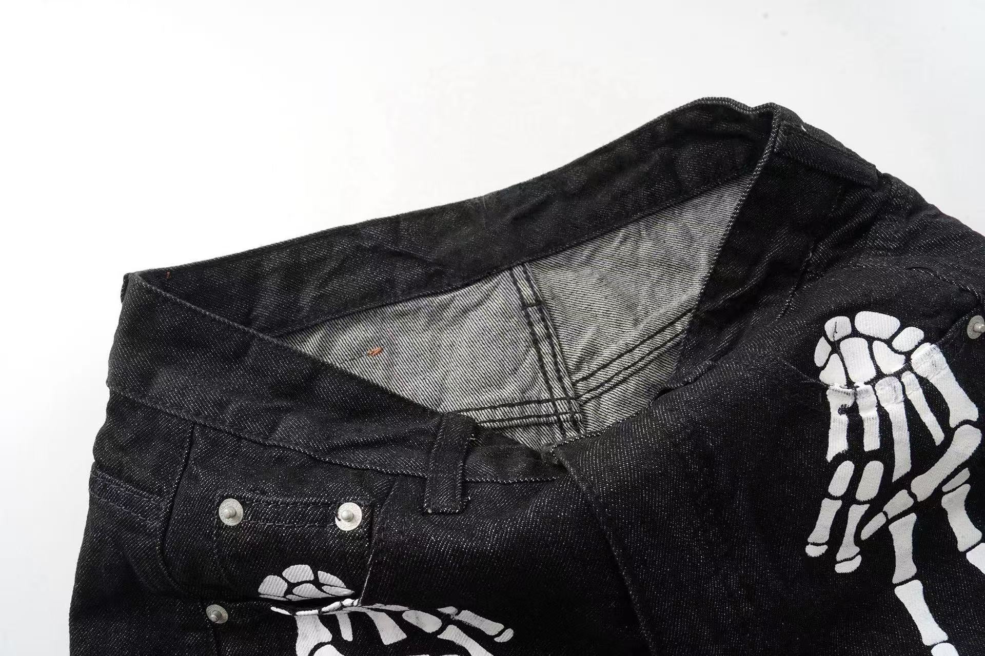 Skeleton Graphic Wide-Leg Black Denim Pants | Streetwear