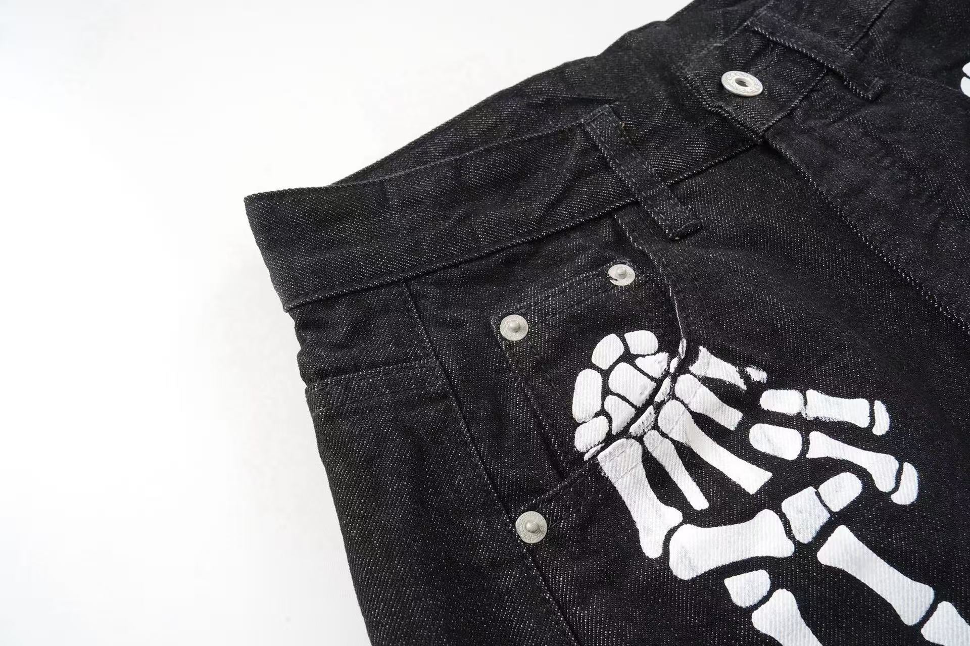 Skeleton Graphic Wide-Leg Black Denim Pants | Streetwear