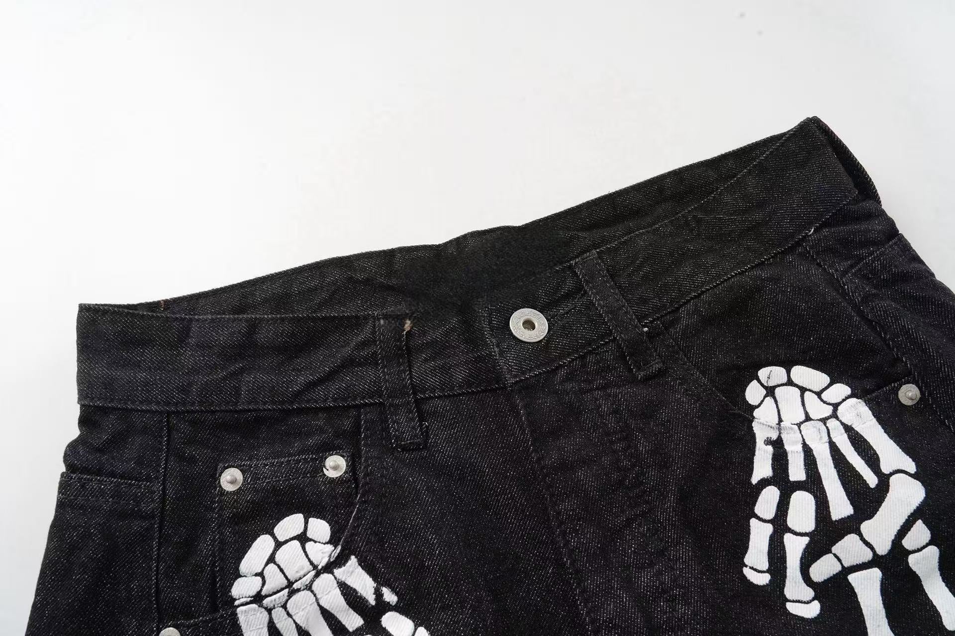 Skeleton Graphic Wide-Leg Black Denim Pants | Streetwear