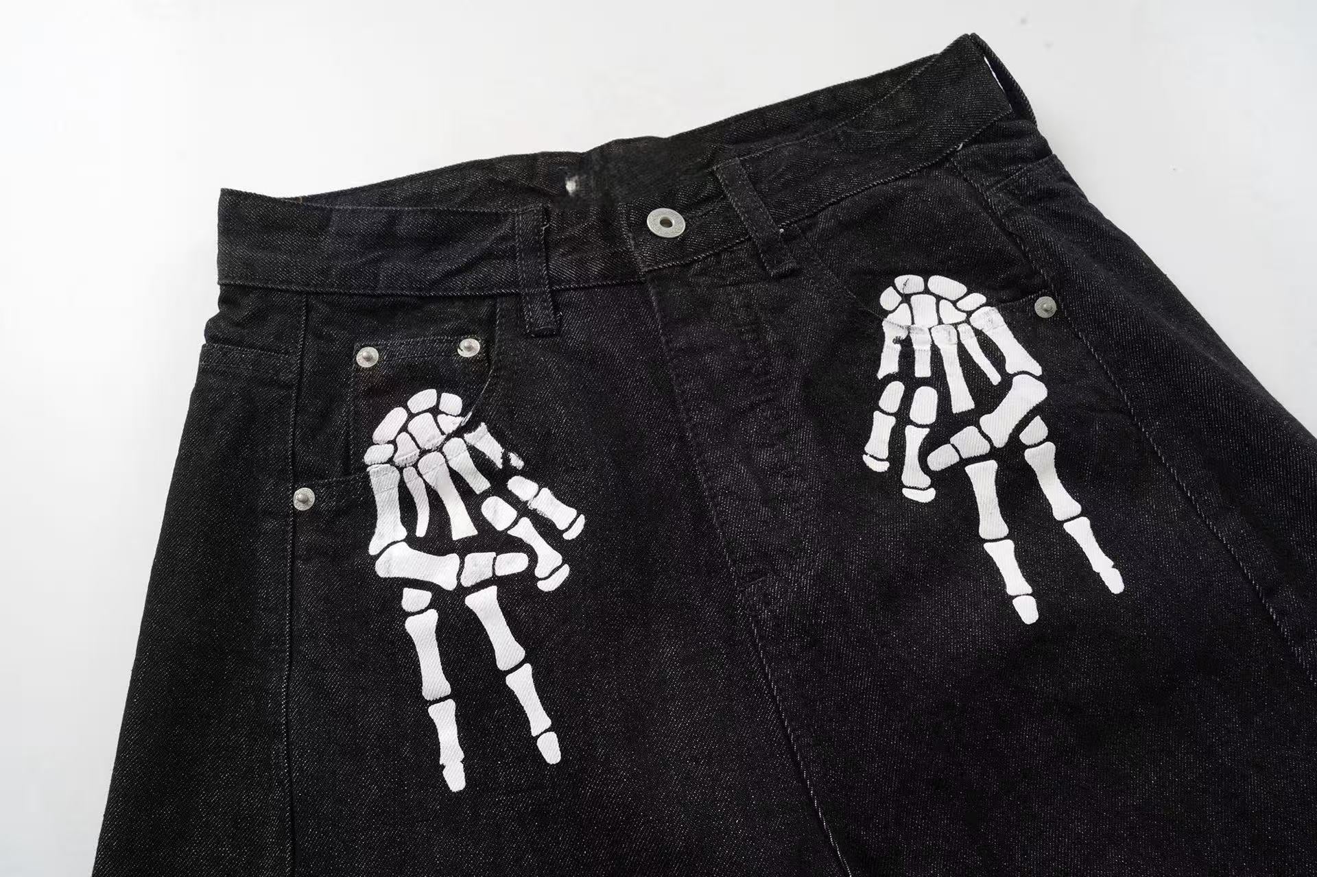 Skeleton Graphic Wide-Leg Black Denim Pants | Streetwear