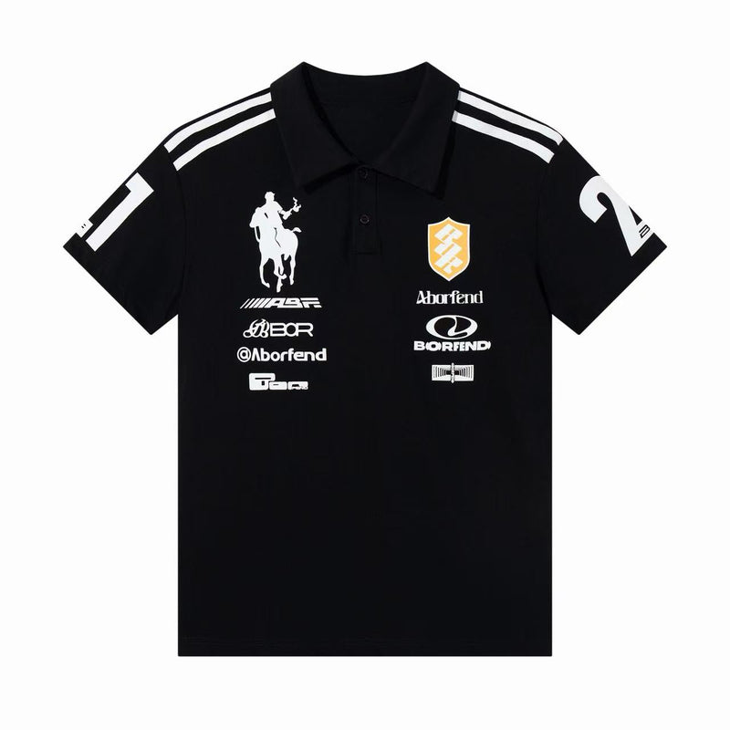 Black racing graphic polo shirt with white shoulder stripes, motorsport logos, and crest detail on the chest