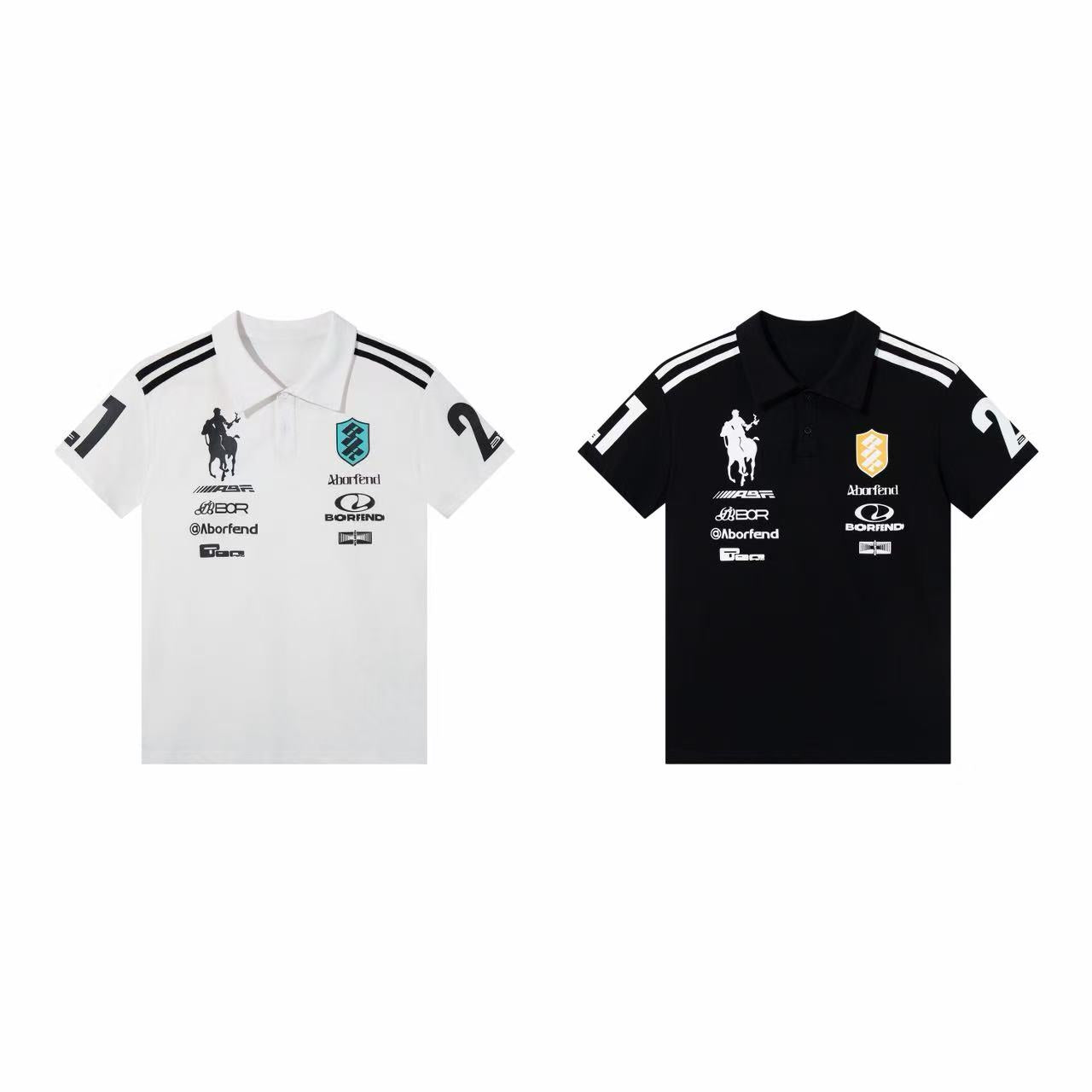 White motorsport graphic polo shirt with equestrian crest patch, contrast shoulder stripes, and multi-logo print on chest