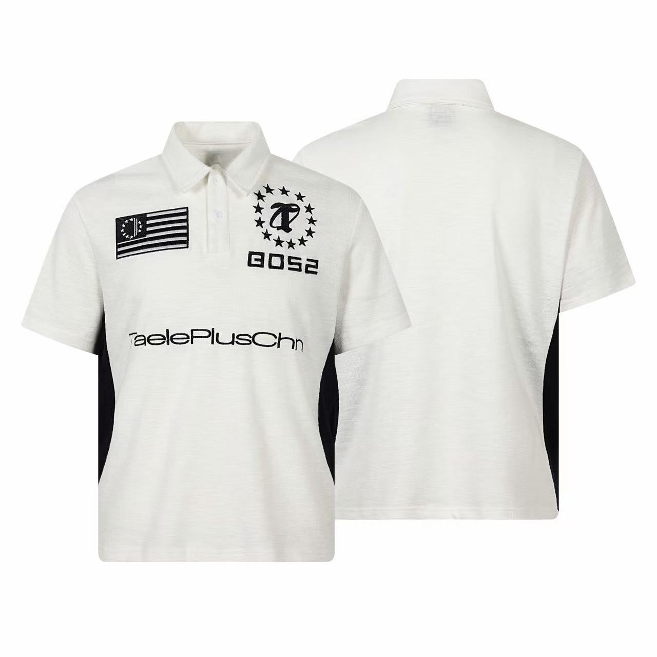 Omirad Classic Varsity Logo Polo in white with black embroidered flag patch, star crest logo, and contrast side panels, shown