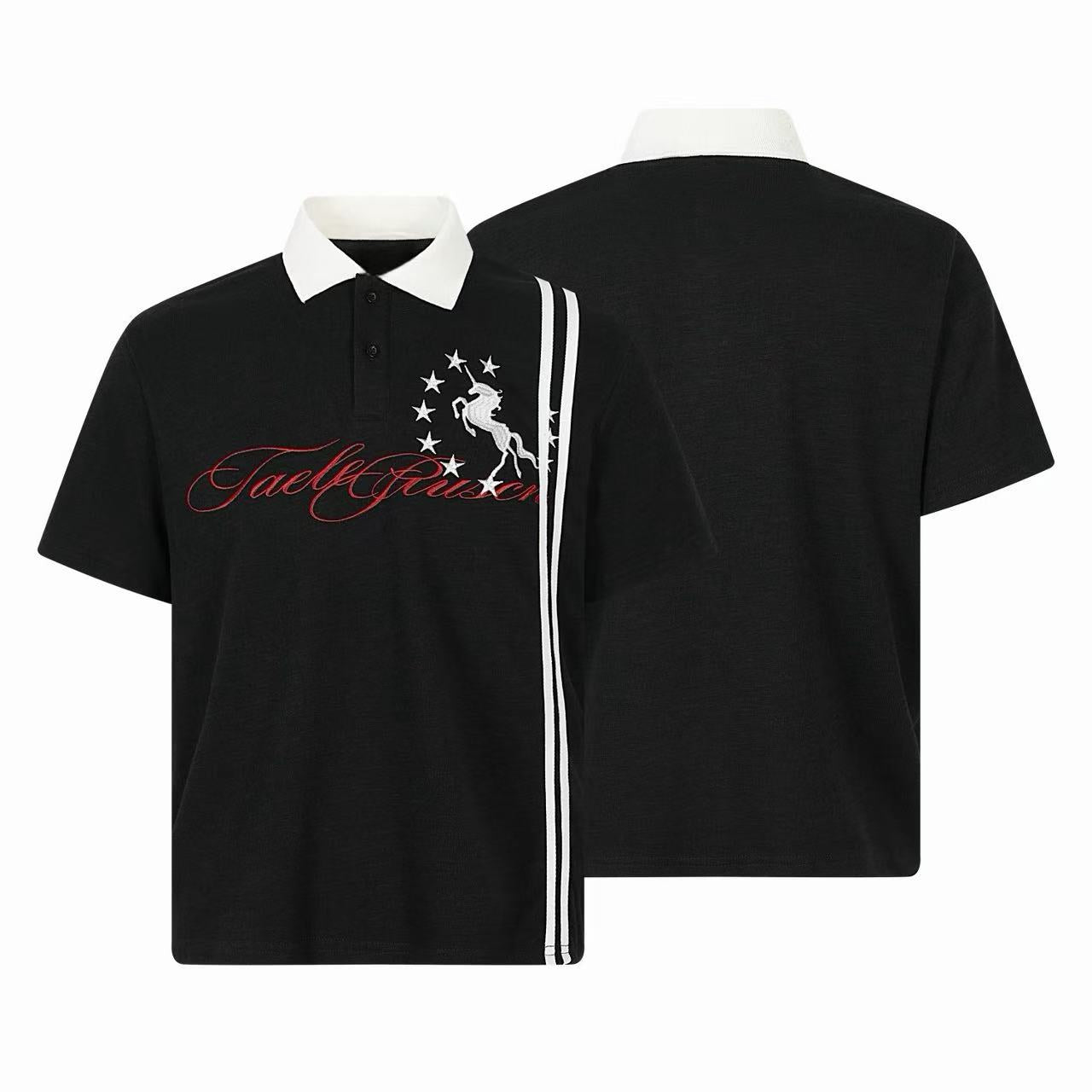 Black cotton polo shirt with red script logo, embroidered horse and star graphic, white contrast collar and diagonal stripe p