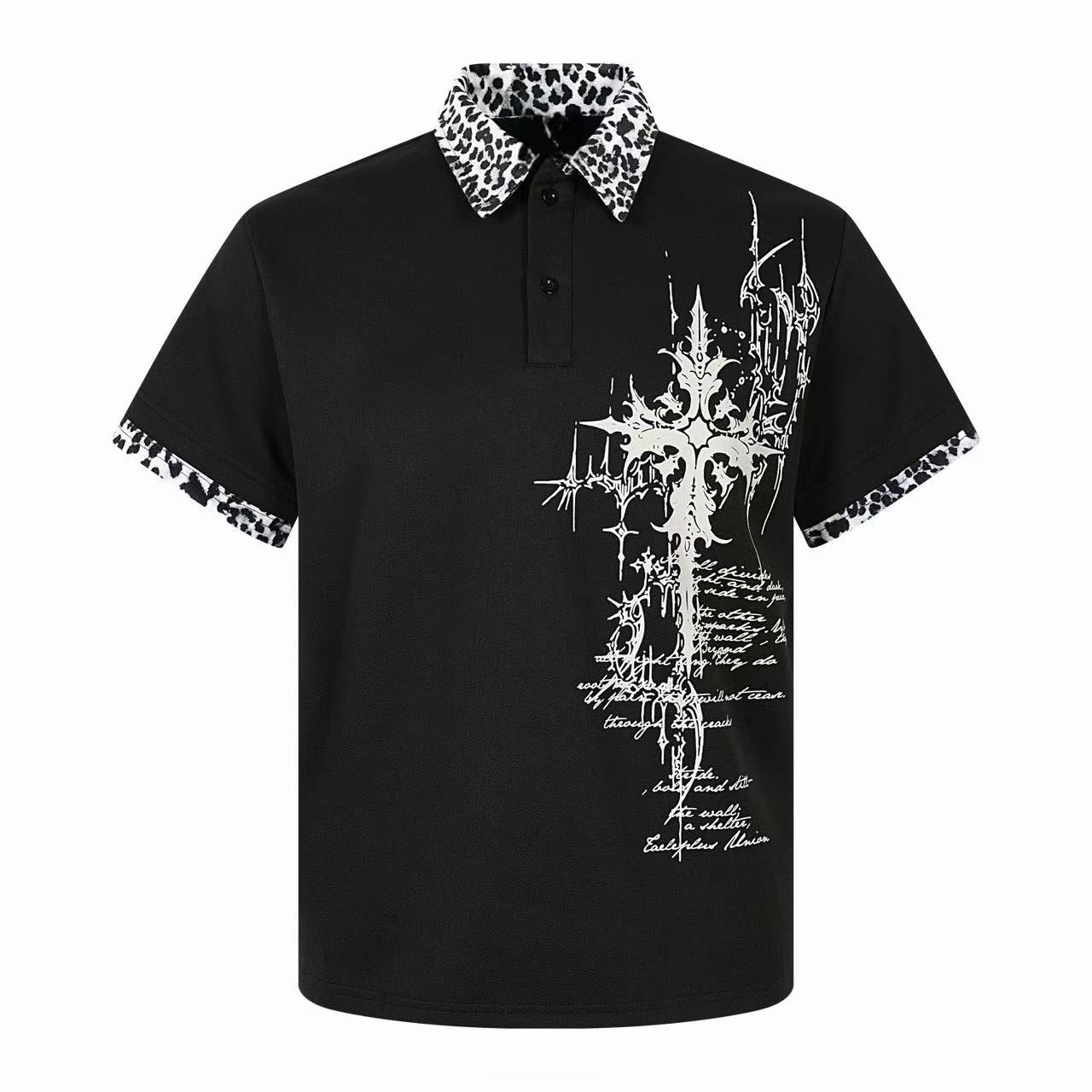Gothic Cross Graphic Polo Shirt with Leopard Print Trim