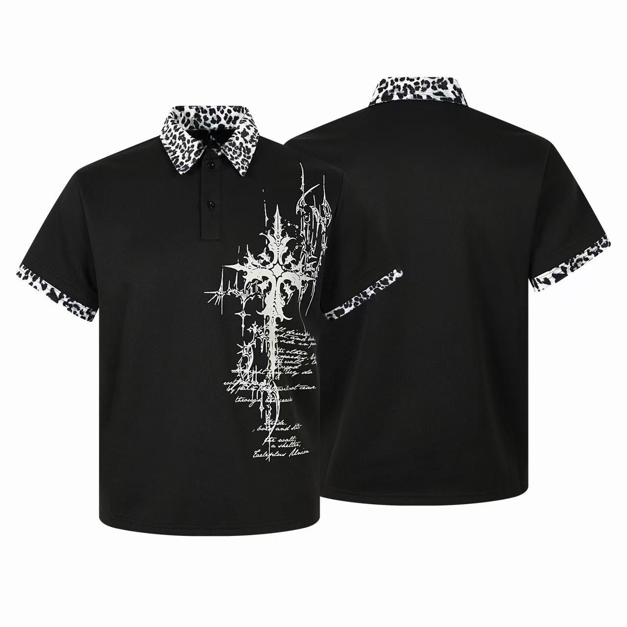 Black polo shirt with white gothic cross graphic on front and black-and-white leopard print collar and sleeve trim