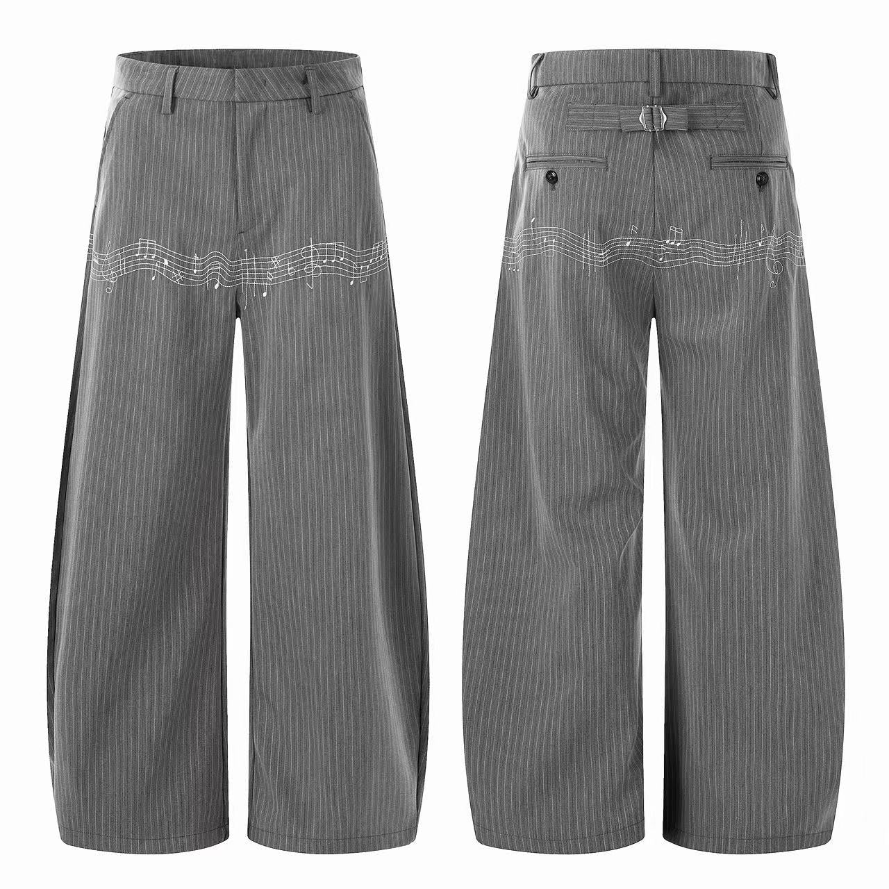 Grey pinstripe wide-leg pants with white music staff graphic shown from front and back on white background