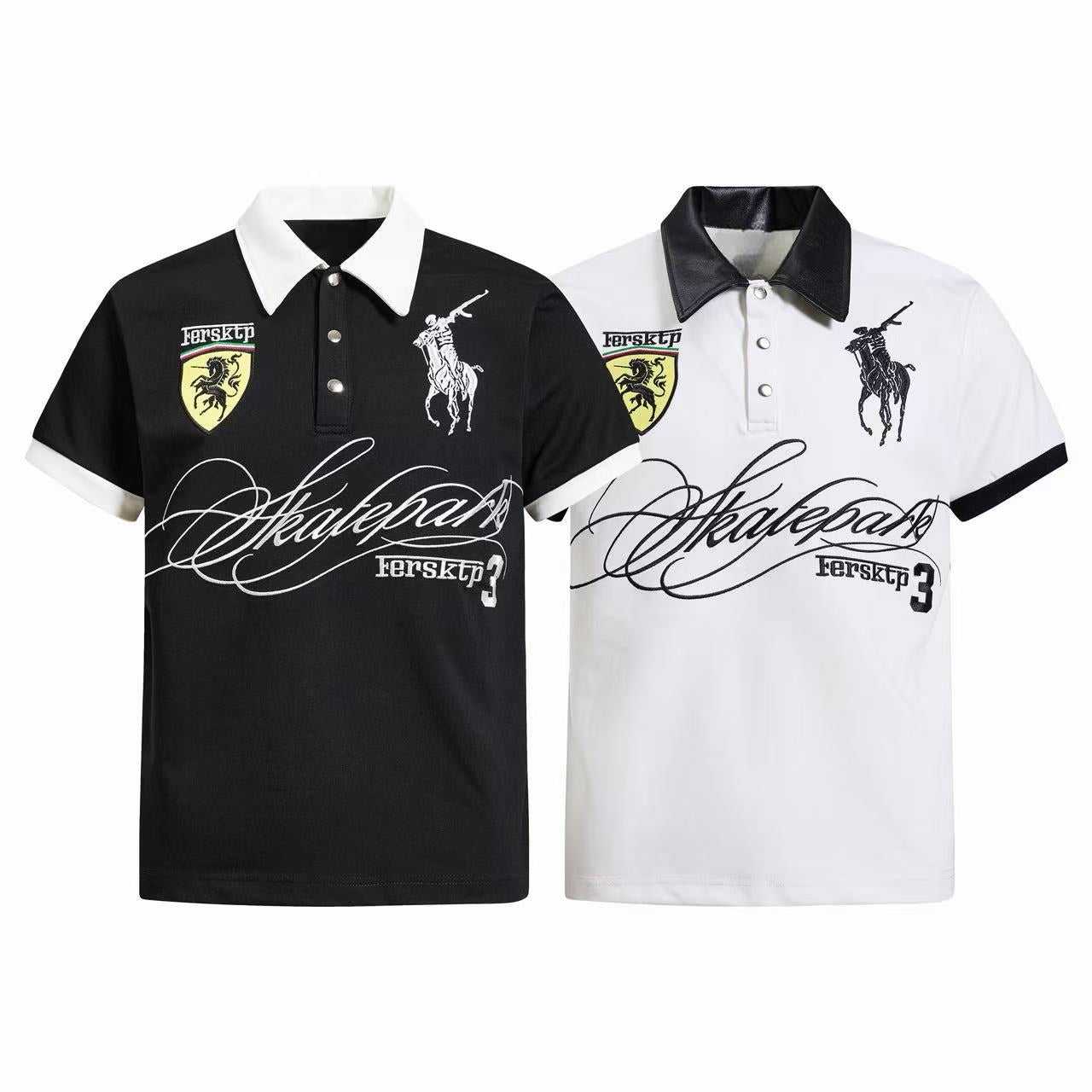 Black and white Omirad Skatepark Crest polo shirts with embroidered crest patch and oversized script graphic print