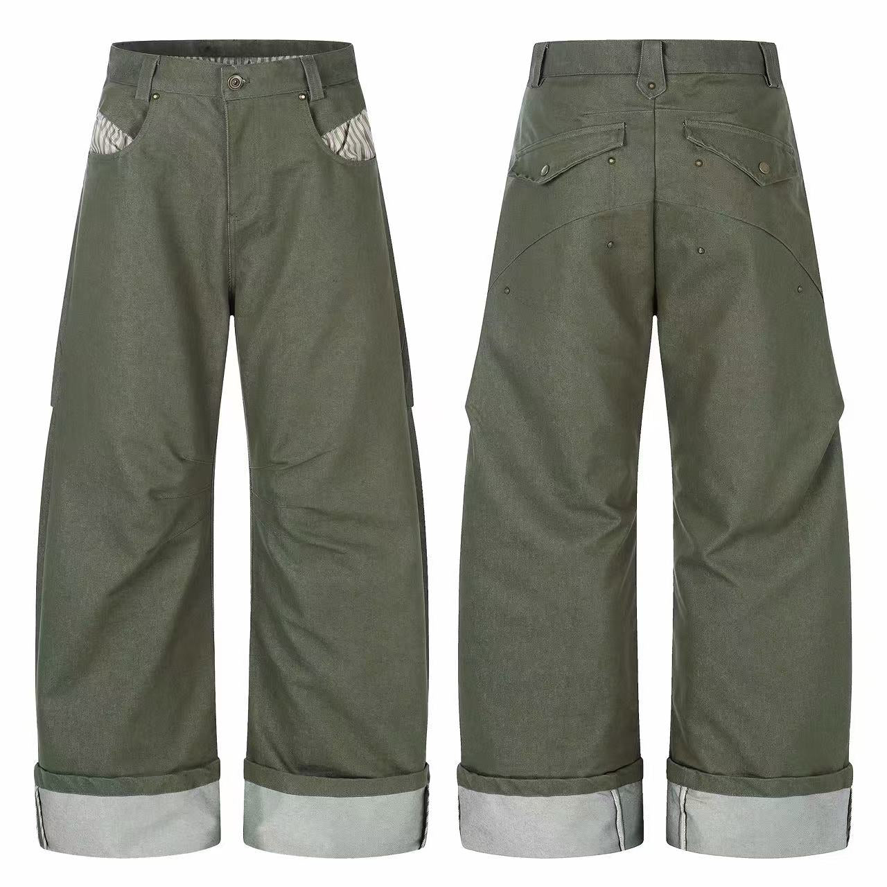Army green wide-leg fold-hem pants shown from front and back, featuring contrast striped pocket lining, snap flap back pocket