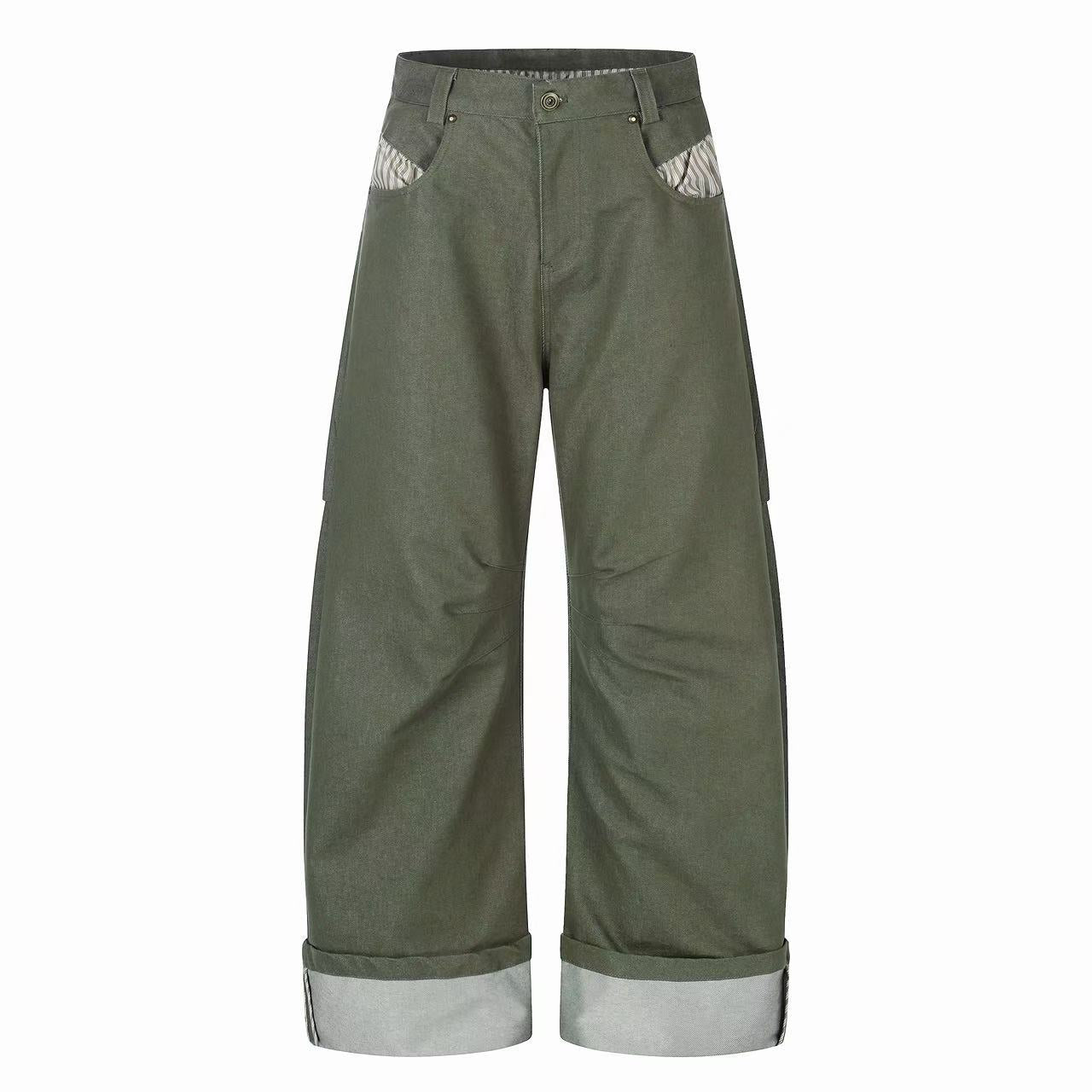 Omirad Vintage Utility Wide-Leg Fold-Hem Pants | Army Green