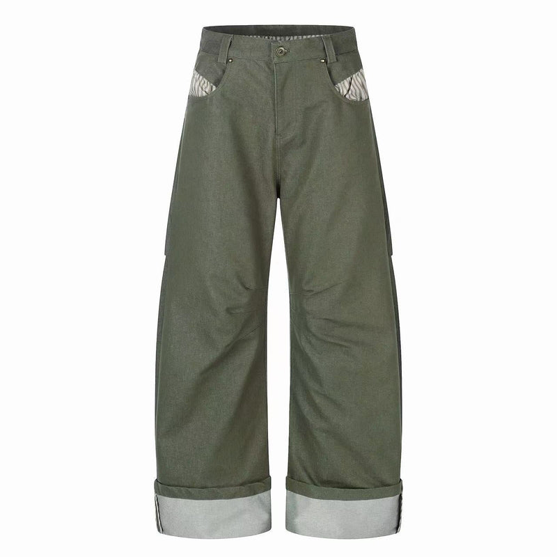 Army green wide-leg pants with folded gray cuffs, front view
