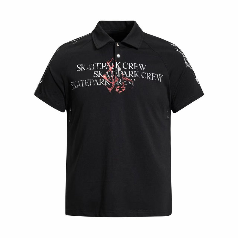 Black polo shirt with distressed Sk8tepark Crew graphic print and short sleeves on a clean white background