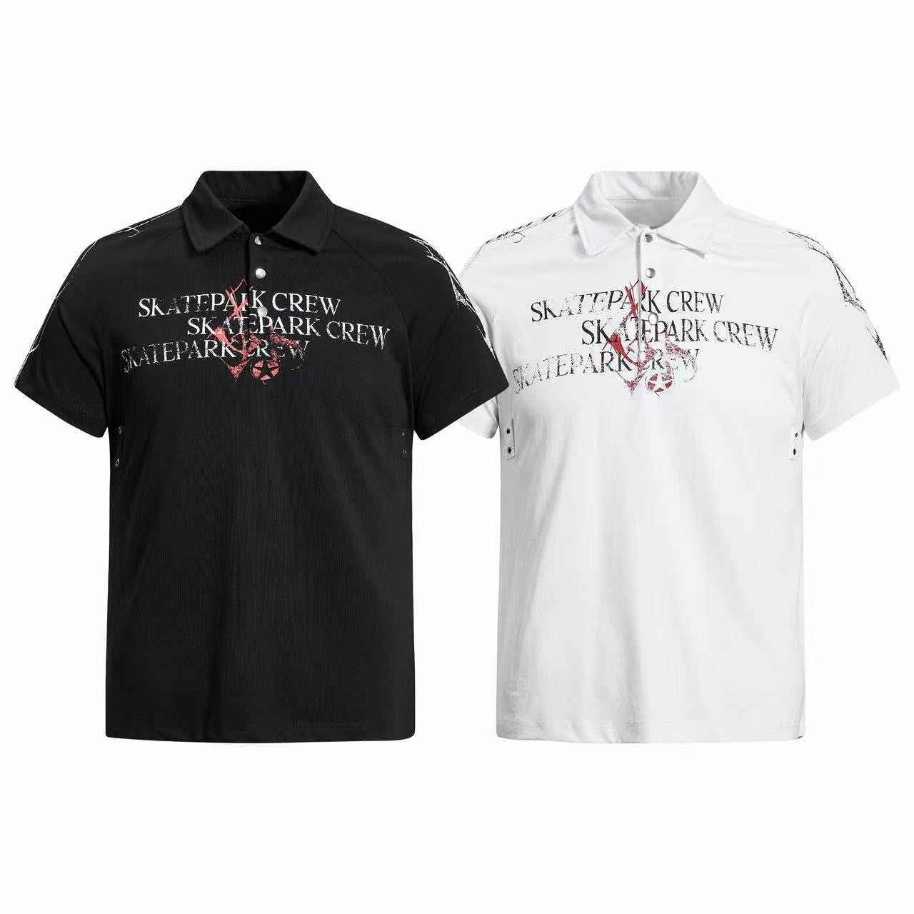 Black and white Omirad Skatepark Crew distressed graphic polo shirts displayed side by side on a white background