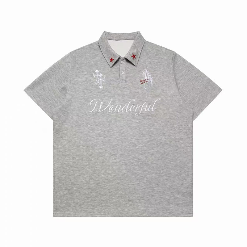 Gray embroidered gothic polo shirt with red star collar accents and large Wonderful script on front