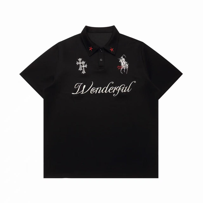 Black embroidered gothic polo shirt with white Wonderful script, red star collar accents, and cross and rider chest designs