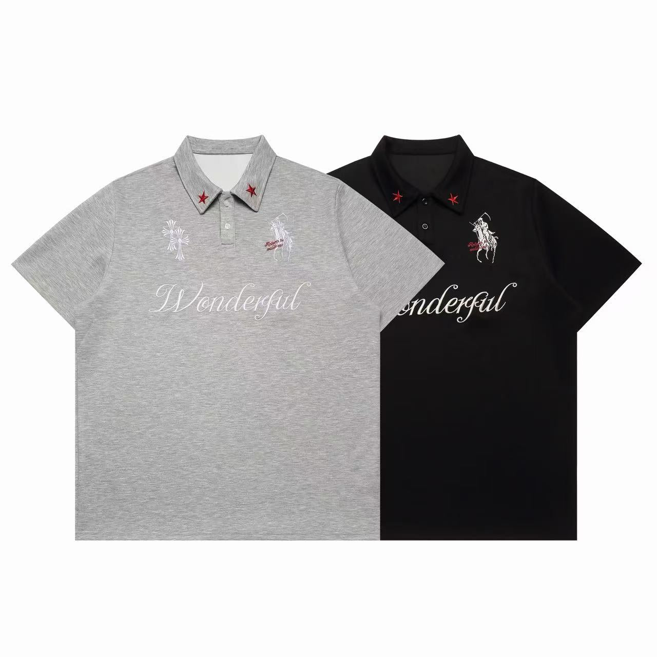 Heather grey and black Omirad Wonderful embroidered polo shirts with gothic cross, rider graphic, and red star collar embroid
