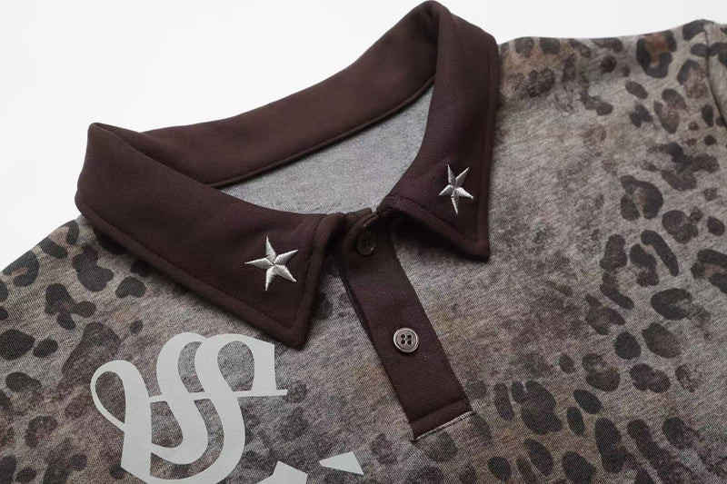 Leopard print oversized polo tee with dark brown collar, star embroidery, and gothic streetwear details