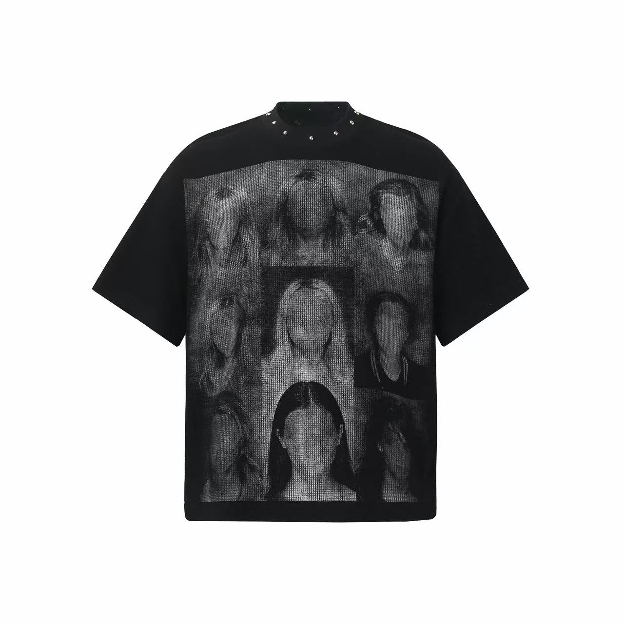 Black oversized graphic tee with faded monochrome portrait collage print and silver studded mock-neck collar, front view