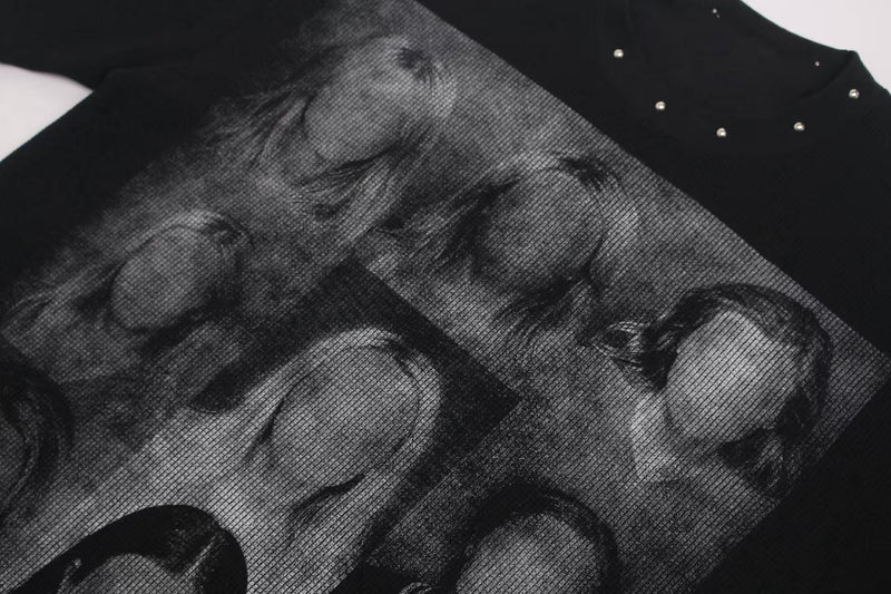 Black studded mock-neck tee with a grayscale shadow portrait graphic across the front