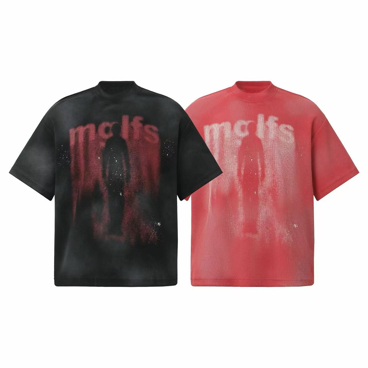 Omirad Shadow Figure Washed Tee in black and red showing distressed spray graphic and oversized fit