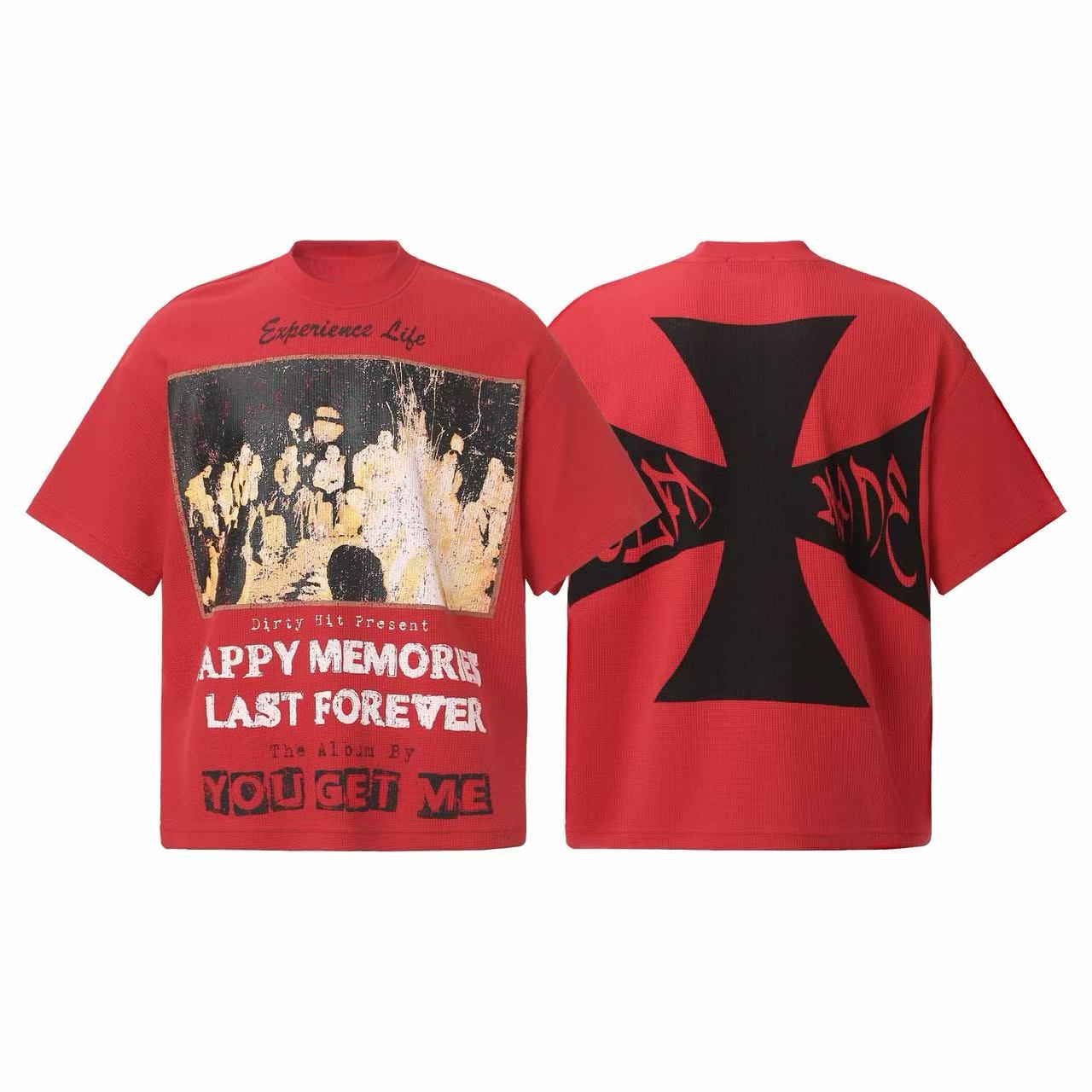 Red oversized graphic tee with distressed vintage album print and Happy Memories Last Forever typography on front