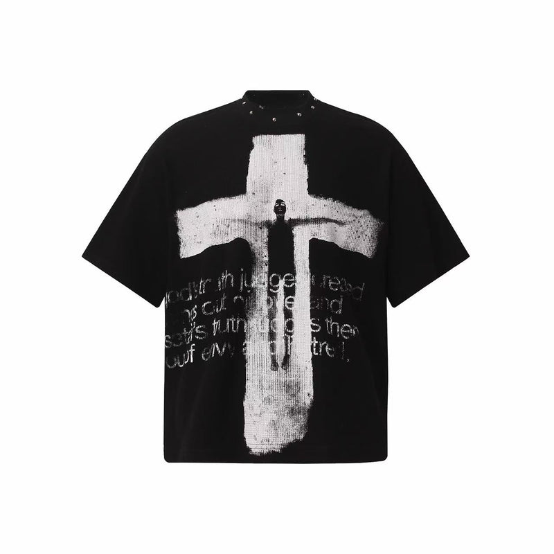 Black oversized Gothic tee with a bold white cross graphic and studded high neck detail