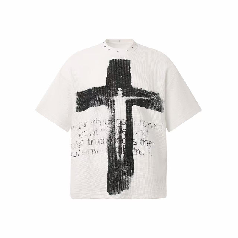 Oversized white Gothic graphic tee with black cross print and studded neckline
