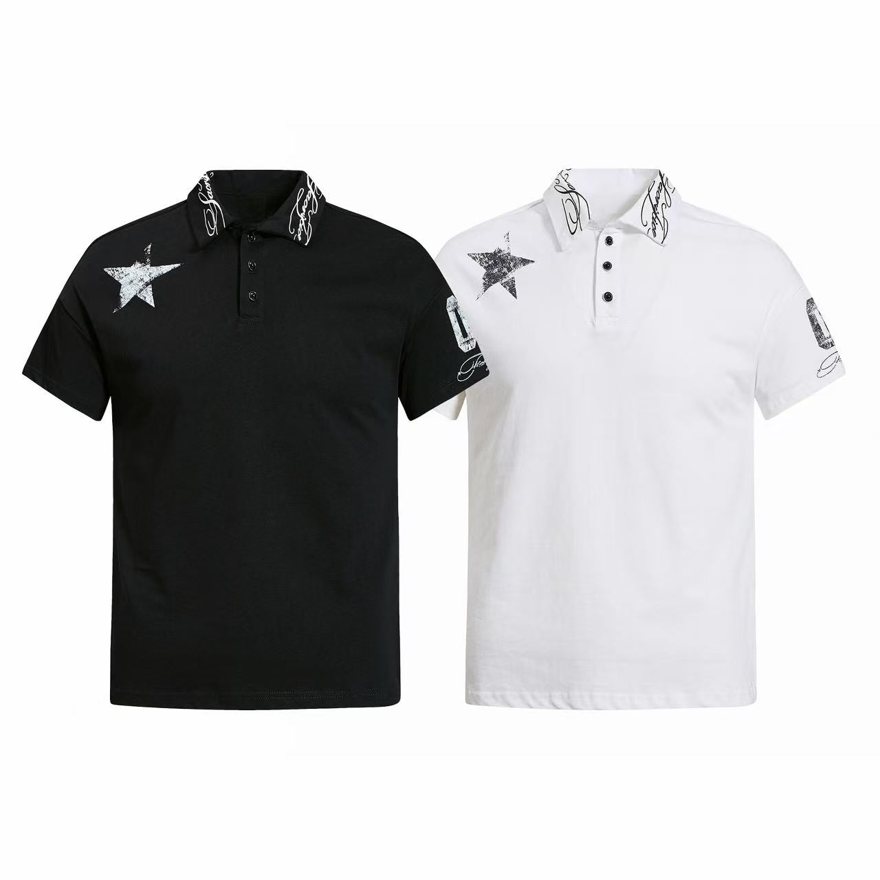Black and white Omirad Signature Star polo shirts with distressed star chest graphic and script collar detail, shown front vi