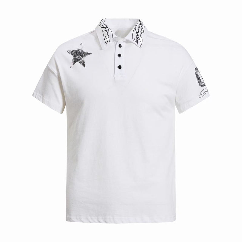 White short-sleeve polo tee with star print, script collar detail, and three-button placket for streetwear style
