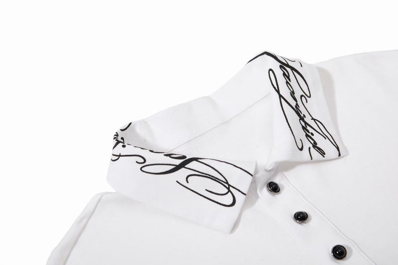 White streetwear polo tee with black signature print on the collar and placket, featuring glossy black buttons