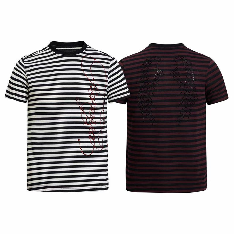 Striped gothic streetwear tee with rhinestone script, shown in black and white front and burgundy back views