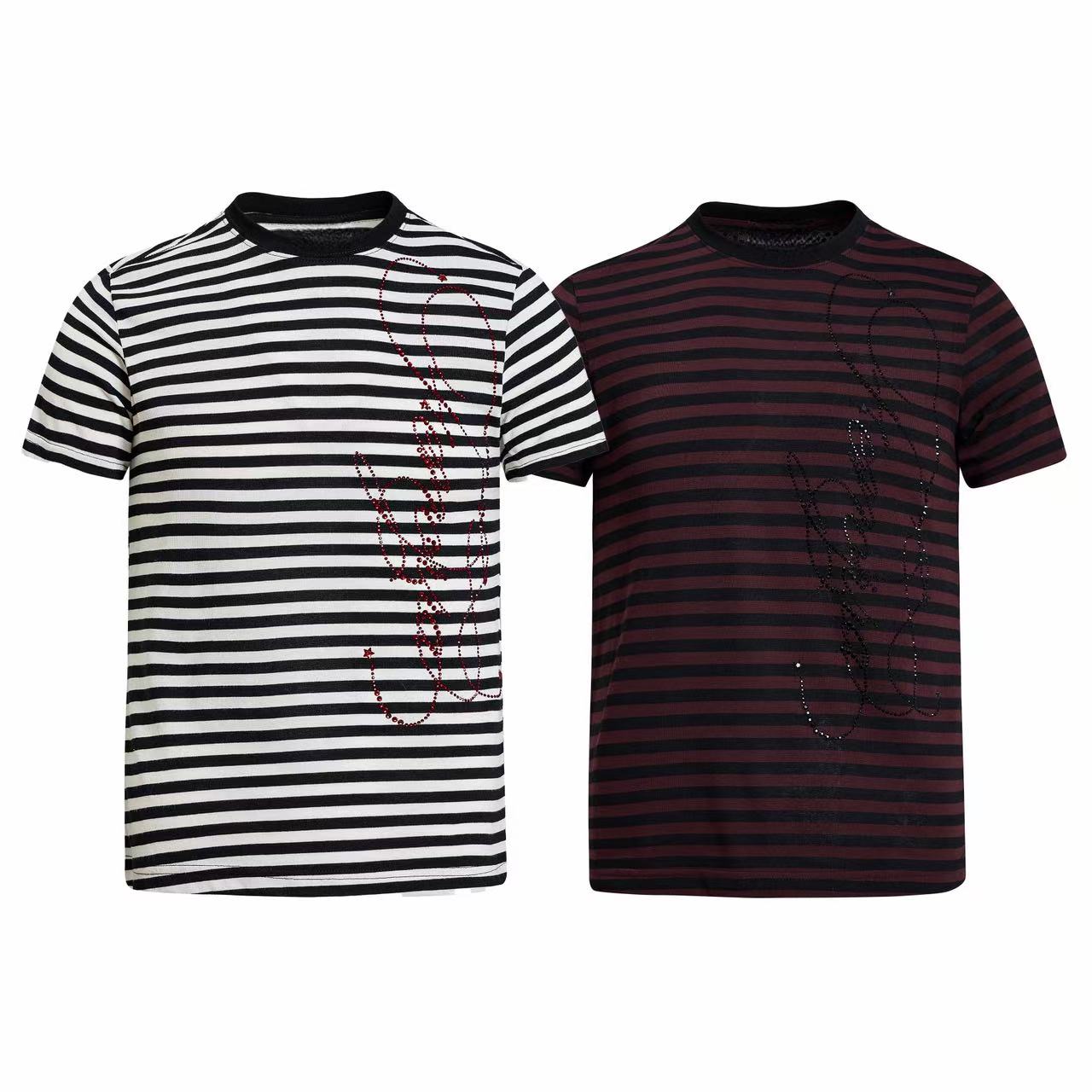 Two striped cotton T-shirts side by side — black and white with red rhinestone script graphic, and burgundy with black rhines