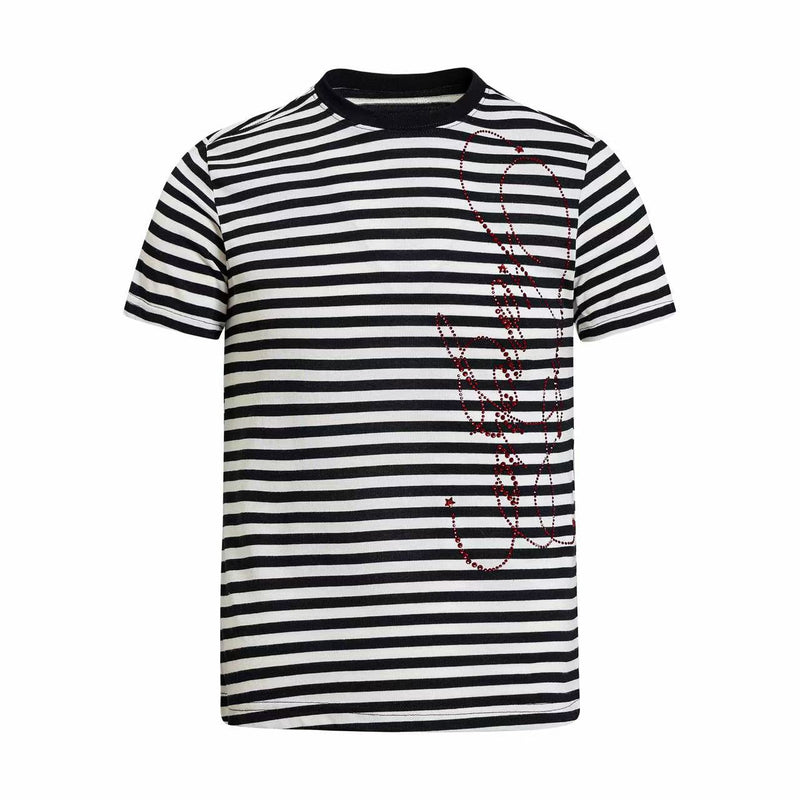 Black and white striped tee with red rhinestone graphic and gothic streetwear styling on a crew neck shirt
