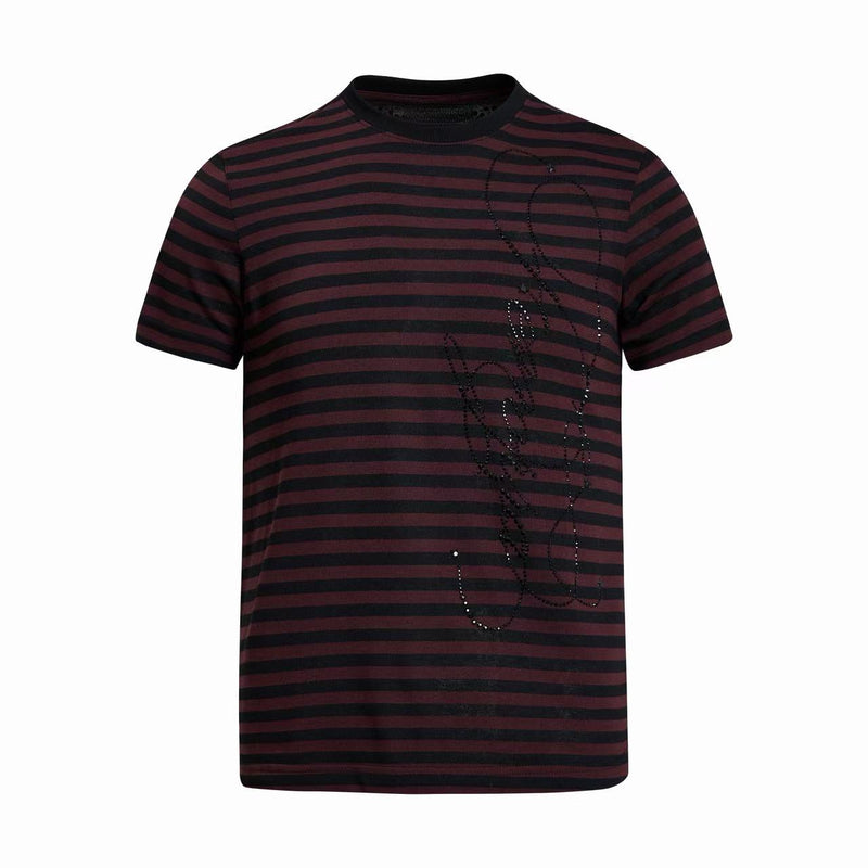 Black and burgundy striped tee with rhinestone gothic script detailing on the front