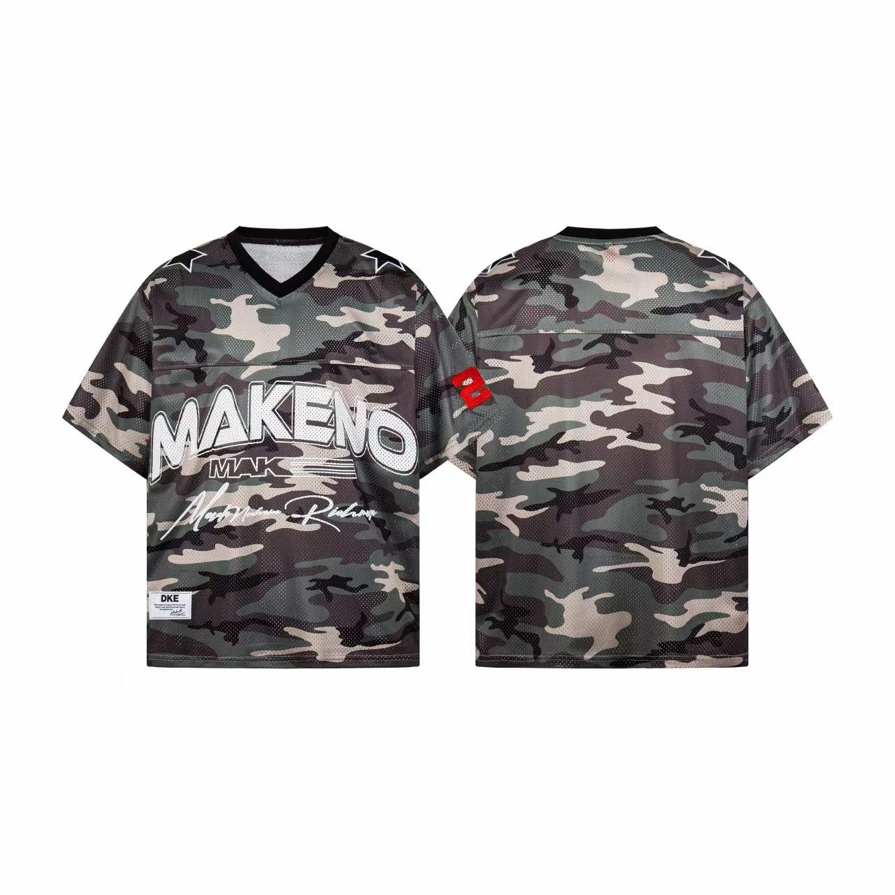 Front and back view of an oversized camouflage mesh football jersey tee with bold Makeno graphic print and red sleeve number
