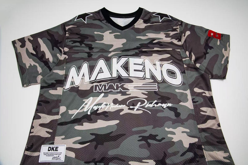 Oversized camo mesh football jersey tee with MAKENO graphic and black V-neck streetwear style