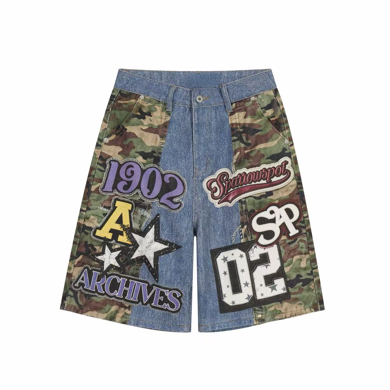 Camo Patch Denim Jorts | Y2K Varsity Streetwear Shorts