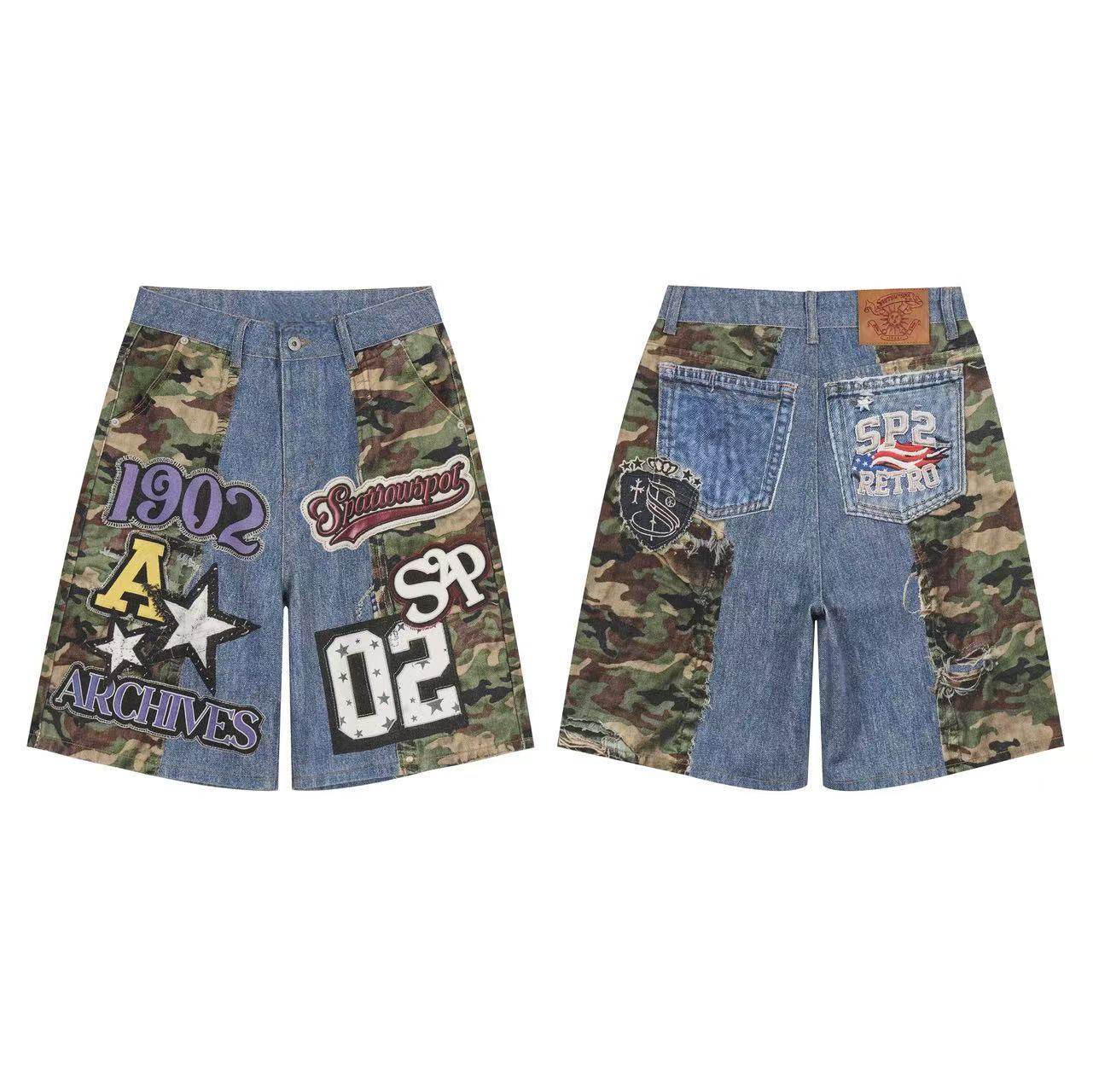 Front and back view of camo patch denim jorts with varsity embroidered patches and wide-leg silhouette