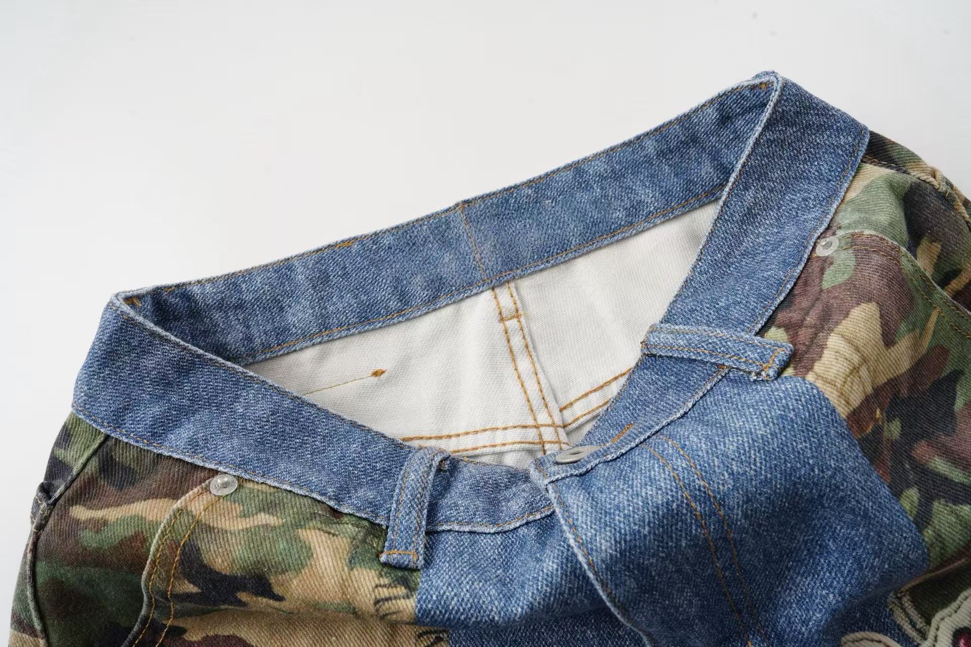 Camo Patch Denim Jorts | Y2K Varsity Streetwear Shorts