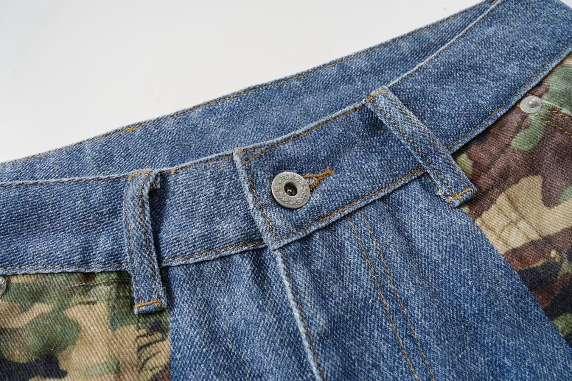 Camo Patch Denim Jorts | Y2K Varsity Streetwear Shorts