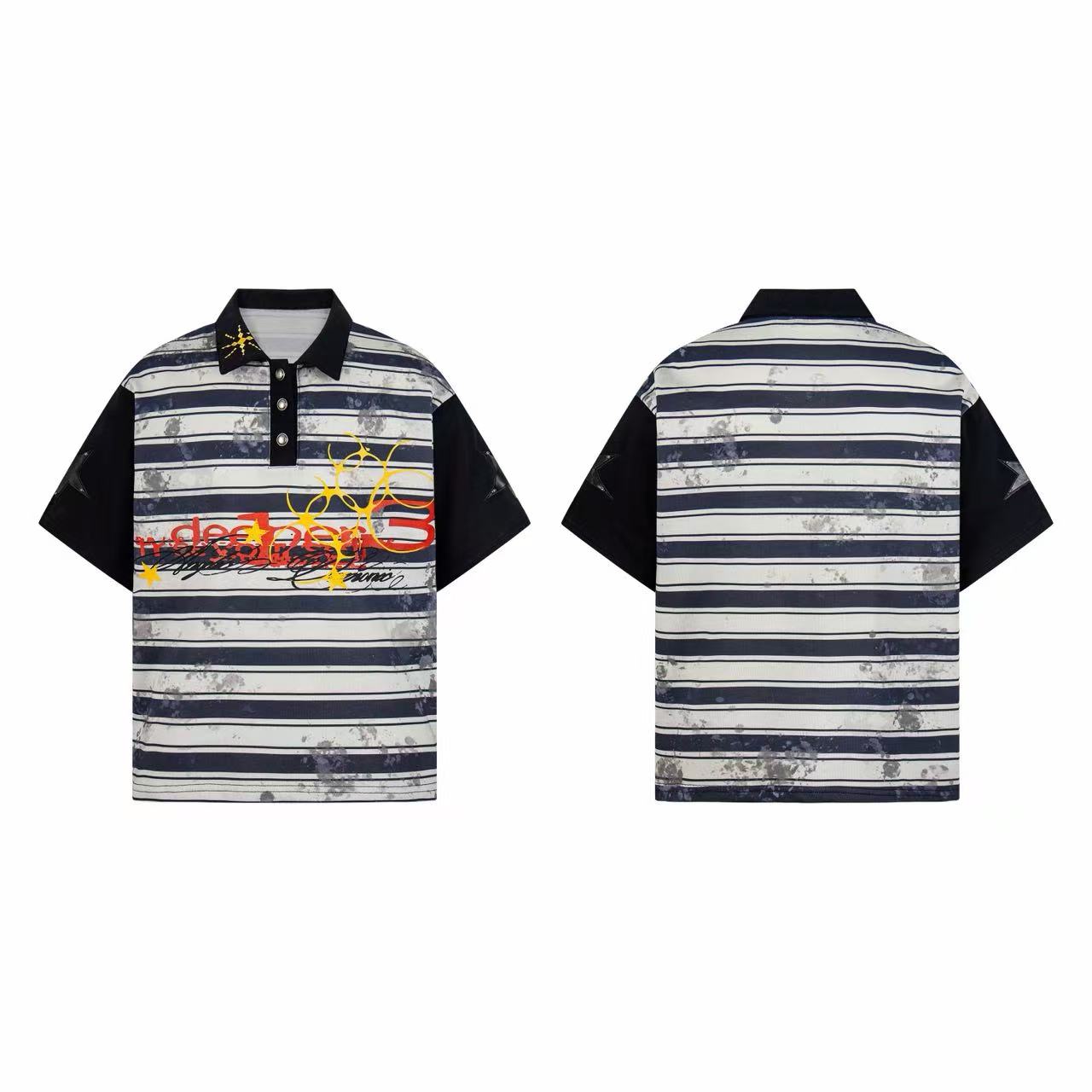Front and back view of an oversized navy stripe polo tee with distressed wash, black sleeves, and Y2K graphic print