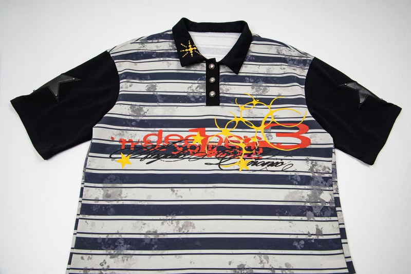 Oversized striped polo tee with black sleeves, button placket, and bold Y2K graphic print in navy, red, and yellow
