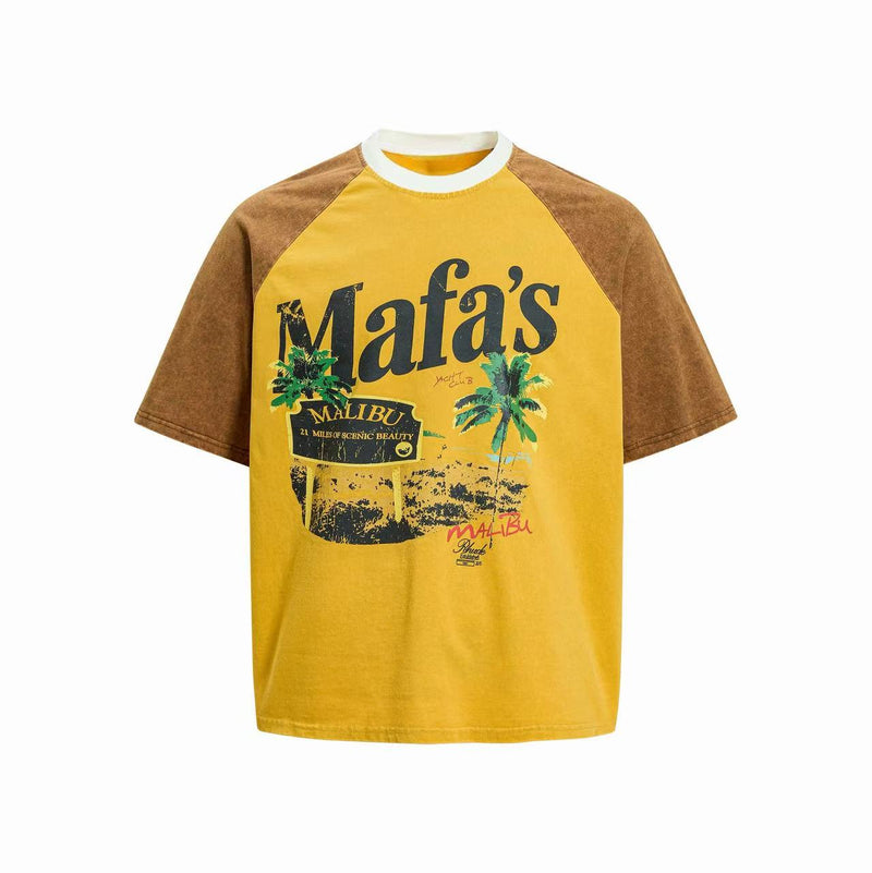 Yellow washed raglan tee with brown sleeves and Malibu palm tree graphic on the front