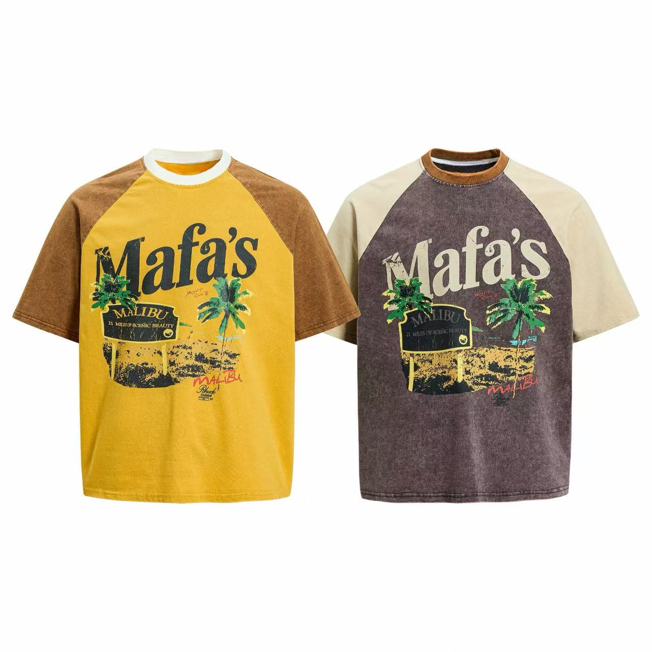Two Mafa's Malibu washed raglan tees side by side in yellow-brown and charcoal-sand colorways with vintage palm tree graphic