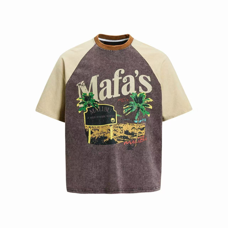 Vintage washed raglan tee with Malibu palm graphic, cream sleeves, and brown contrast collar