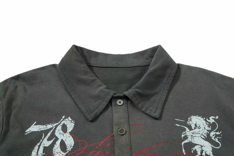 Dark gray vintage graphic polo tee with button placket, pointed collar, and distressed streetwear print
